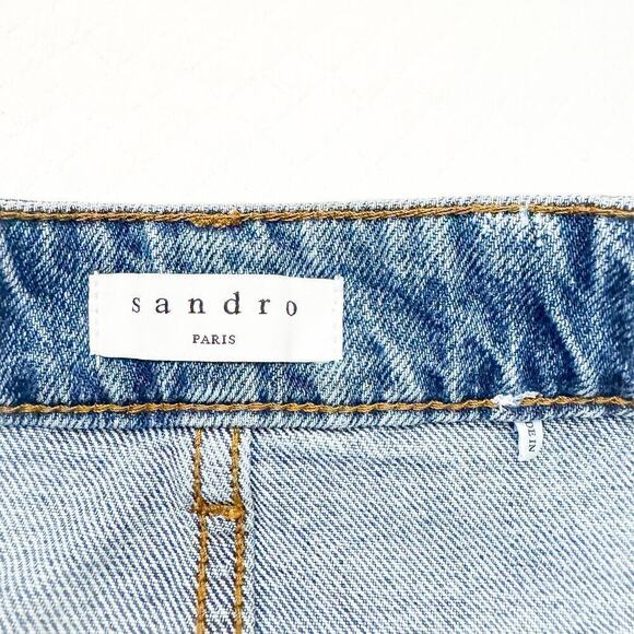 Sandro Paris Denim Pencil Skirt Metallic Silver Coated Front Size 1 / 26 US - Picture 3 of 6